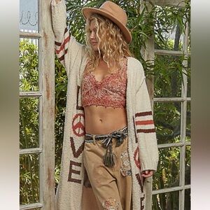 POL Bohemian Knit Cardigan with Peace and Love Design in amazing fall tan colors